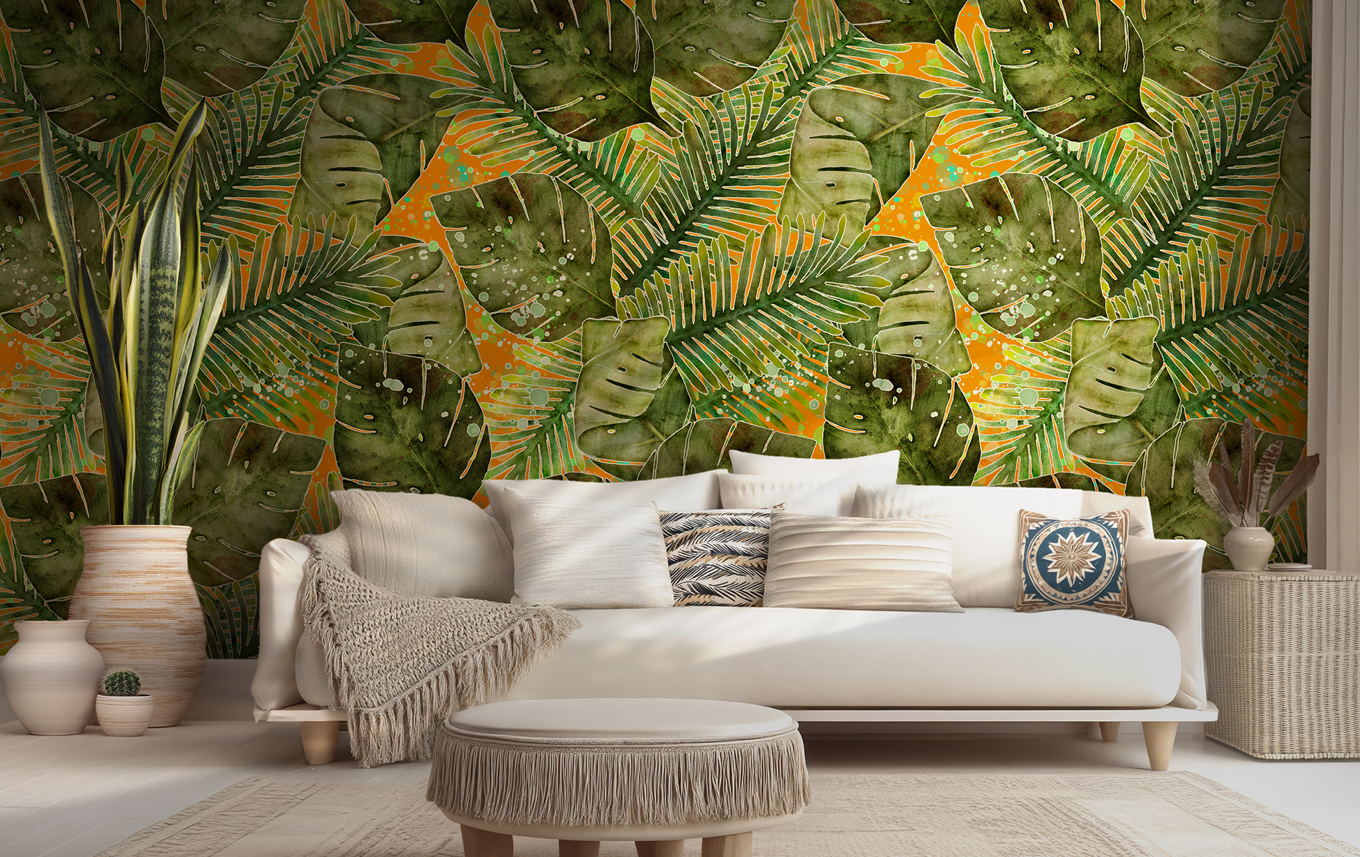 monstera leaves and palm leaves