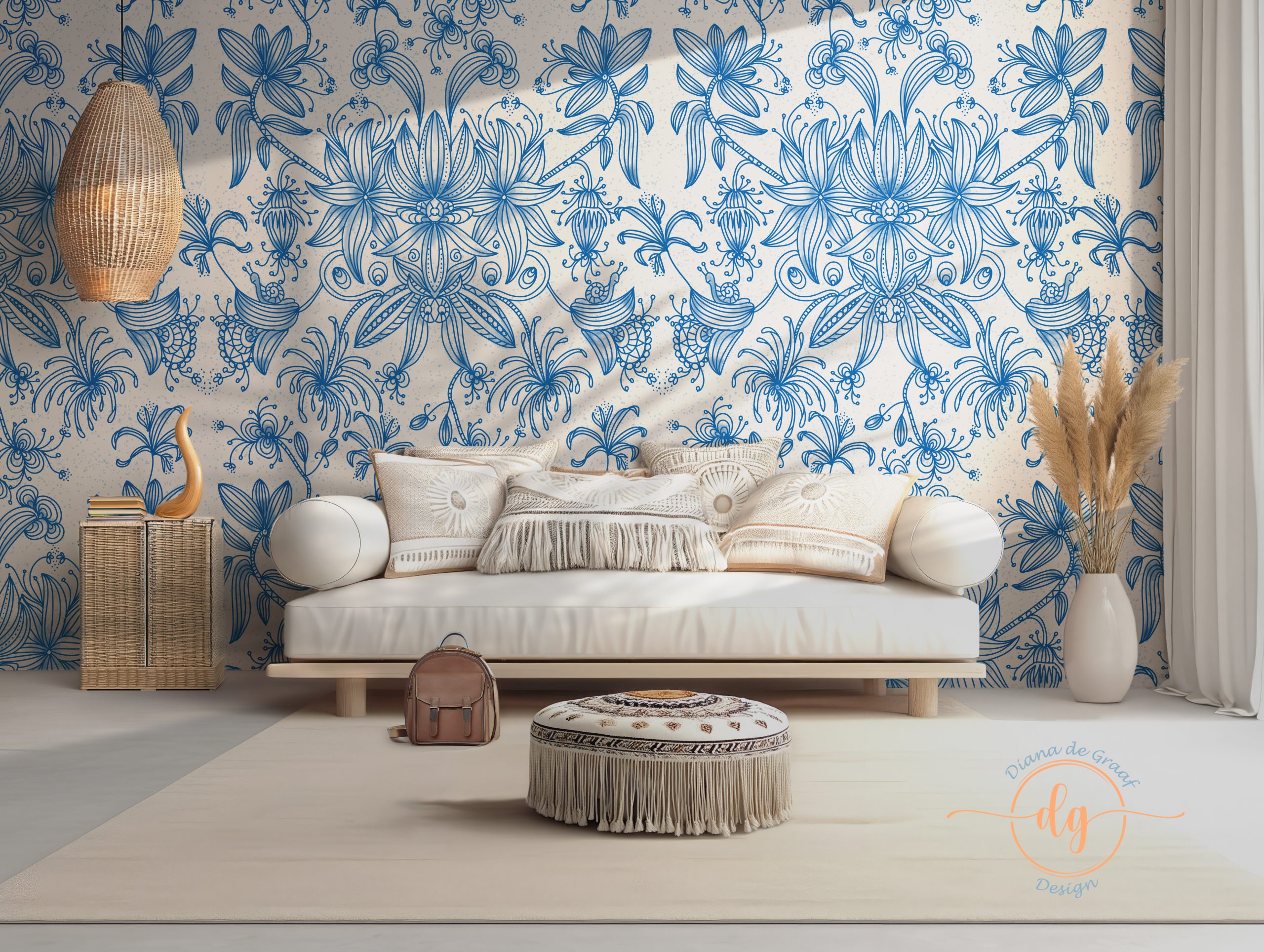 Boho Botanical blue wallpaper